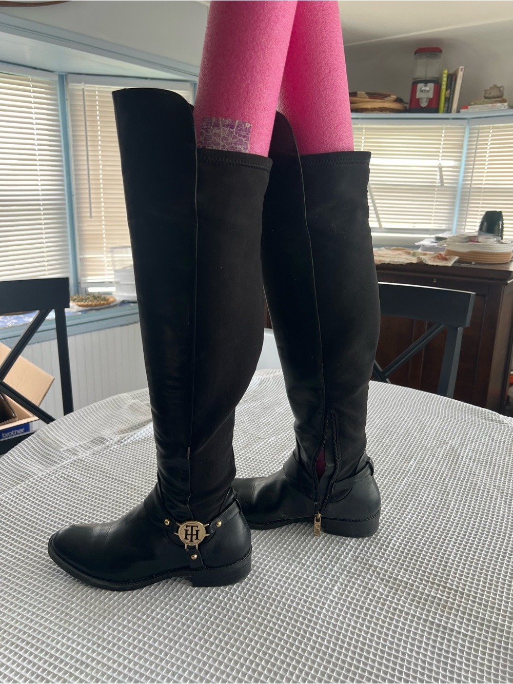 Tommy Hilfiger Black Over-the-Knee Boots with Gold TH Emblem